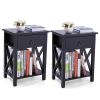 Set of 2 Wooden Nightstand;  X-Shaped Sofa Side Table End Table with Drawer and Open Shelf;  Bedroom Living Room Furniture - Black