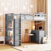 Twin Size Loft Bed with Ladder;  Shelves;  and Desk - Gray