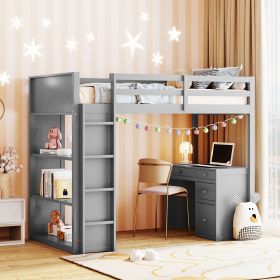 Twin Size Loft Bed with Ladder;  Shelves;  and Desk - Gray
