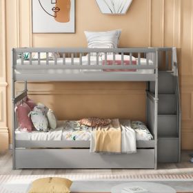 Full over Full Bunk Bed with Trundle and Staircase - Gray
