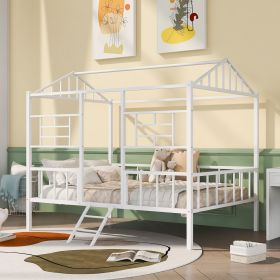Metal House Bed Frame Full Size with Slatted Support No Box Spring Needed  - White