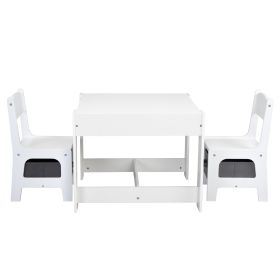 3-in-1 Kids Wood Table and 2 Chairs, Children Activity Table Set with Storage, Blackboard, Double-Sided Table for Drawing - white+gray