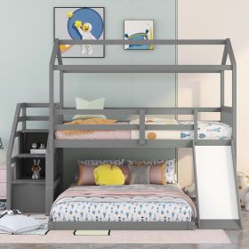 Twin over Full House Bunk Bed with Convertible Slide and Storage Staircase,Full-Length Guardrail, - Gray