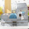 Full Size House Low Loft Bed with Four Drawers - Gray
