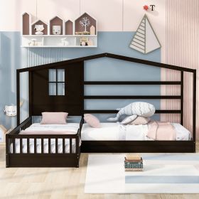 Wood House Bed Twin Size;  2 Twin Solid Bed L structure with fence and slatted frame - Espresso