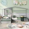 Wood House Bed Twin Size;  2 Twin Solid Bed L structure with fence and slatted frame - Gray