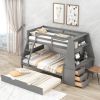 Twin over Full Bunk Bed with Trundle and Built-in Desk;  Three Storage Drawers and Shelf - Gray