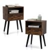 Set of 2 Mid Century Nightstand, Side Table with Drawer and Shelf, End Table for Living Room Bedroom, Rustic Brown - Retro Grain + Back