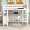 Full size Loft Bed with Drawers and Desk;  Wooden Loft Bed with Shelves - White