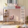 Full Size Metal Loft Bed with 2 Shelves and one Desk - White