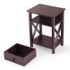 Set of 2 Wooden Nightstand;  X-Shaped Sofa Side Table End Table with Drawer and Open Shelf;  Bedroom Living Room Furniture - Brown