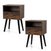 Set of 2 Mid Century Nightstand, Side Table with Drawer and Shelf, End Table for Living Room Bedroom, Rustic Brown - Retro Grain + Back