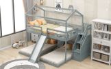 Full over Twin & Twin Bunk Bed,with Slide and Storage Staircase,Built-in Drawer and Shelf - Gray