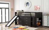 Low Twin Size Loft Bed with Cabinets;  Shelves and Slide - Espresso