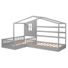 Wood House Bed Twin Size;  2 Twin Solid Bed L structure with fence and slatted frame - Gray