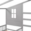 Wood House Bed Twin Size;  2 Twin Solid Bed L structure with fence and slatted frame - Gray