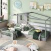 Wood House Bed Twin Size;  2 Twin Solid Bed L structure with fence and slatted frame - Gray