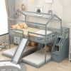 Full over Twin & Twin Bunk Bed,with Slide and Storage Staircase,Built-in Drawer and Shelf - Gray