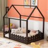 (Slats are not included) Full Size Wood Bed House Bed Frame with Fence;  for Kids;  Teens;  Girls;  Boys - Espresso