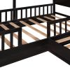 Wood House Bed Twin Size;  2 Twin Solid Bed L structure with fence and slatted frame - Espresso