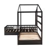 Wood House Bed Twin Size;  2 Twin Solid Bed L structure with fence and slatted frame - Espresso