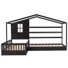 Wood House Bed Twin Size;  2 Twin Solid Bed L structure with fence and slatted frame - Espresso