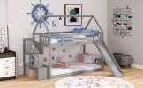 Twin over Twin House Bunk Bed with Slide and Storage Staircase - Grey