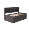 Twin Size Wooden Captain Bed with Built-in Bookshelves; Three Storage Drawers and Trundle - Natural