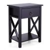 Set of 2 Wooden Nightstand;  X-Shaped Sofa Side Table End Table with Drawer and Open Shelf;  Bedroom Living Room Furniture - Black