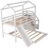 Twin over Full House Bunk Bed with Convertible Slide and Storage Staircase,Full-Length Guardrail, - White