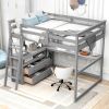 Full Size Loft Bed with Desk and Shelves; Two Built-in Drawers - Gray
