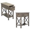 Farmhouse Flip Top End Table with Charge Station;  X-Shaped Profile Narrow Side Table with Drawer for Office;  Bedroom;  Living Room;  Gray - 2 piece