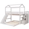 Twin over Full House Bunk Bed with Convertible Slide and Storage Staircase,Full-Length Guardrail, - White