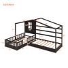 Wood House Bed Twin Size;  2 Twin Solid Bed L structure with fence and slatted frame - Espresso