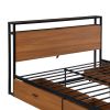 Queen Size Metal Platform Bed Frame with Four Drawers; Sockets and USB Ports ; Slat Support No Box Spring Needed - Black