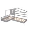 Wood House Bed Twin Size;  2 Twin Solid Bed L structure with fence and slatted frame - Gray