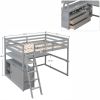 Full Size Loft Bed with Desk and Shelves; Two Built-in Drawers - Gray