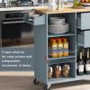 K&K Store Kitchen Cart on 4 Wheels with 2 Drawers and 3 Open Shelves; Kitchen Island with Rubber Wood top for Dinning Room; Grey Blue - as Pic