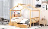 Full Size House Platform Bed with Two Drawers; Headboard and Footboard; Roof Design - Natural