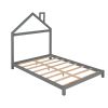 Full Size Wood Platform Bed with House-shaped Headboard  - Gray
