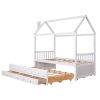 Twin size Wooden House Bed with Trundle and 3 Storage Drawers - White
