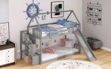 Twin over Twin House Bunk Bed with Slide and Storage Staircase - Grey