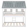 Twin over Twin Size Low Bunk Beds with Roof and Fence-shaped Guardrail, White - White