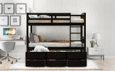 Twin over Twin Wood Bunk Bed with Trundle and Drawers,White - Espresso
