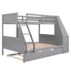 Twin over Full Bunk Bed with Trundle and Built-in Desk;  Three Storage Drawers and Shelf - Gray
