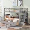 Stairway Twin-Over-Twin Bunk Bed with Three Drawers for Bedroom, Dorm - Gray - Gray