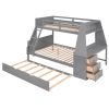 Twin over Full Bunk Bed with Trundle and Built-in Desk;  Three Storage Drawers and Shelf - Gray