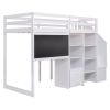 Twin Size Loft Bed with Pullable Desk and Storage Shelves; Staircase and Blackboard - White