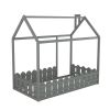 (Slats are not included) Twin Size Wood Bed House Bed Frame with Fence;  for Kids;  Teens;  Girls;  Boys  - Gray